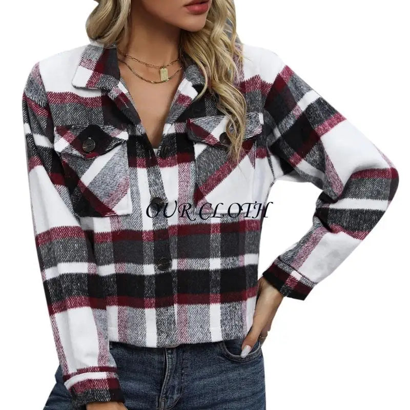 Women’s Plaid Wool Shacket Jacket – Button Down, Cropped