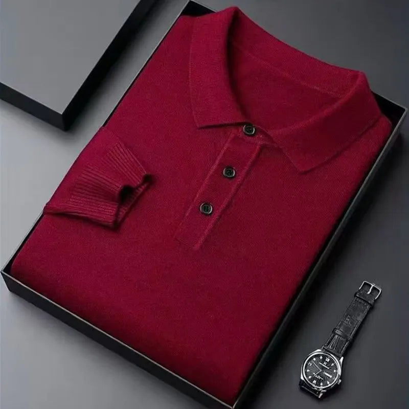 Burgundy Color Men's Wool Knit Polo Sweater – Warm Autumn Winter Top