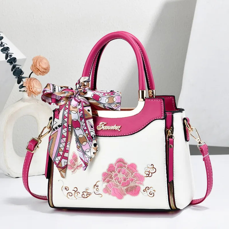 Women’s Embroidered PU Leather Shoulder Tote Handbag