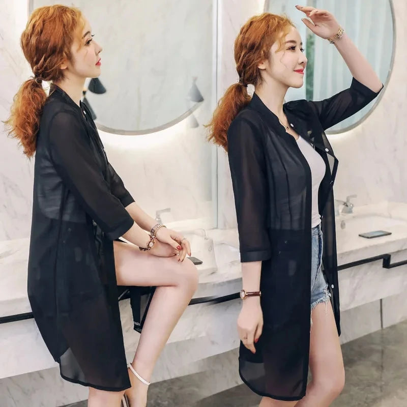 black Color Women’s Chiffon Sun Protection Cardigan Jacket