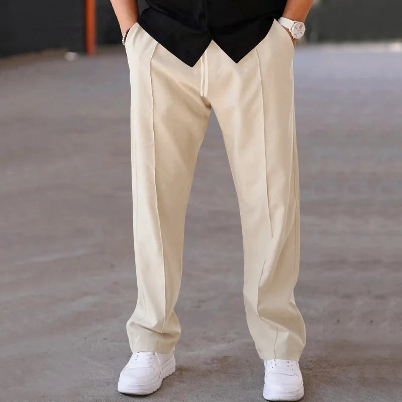 Apricot Color Men’s Casual Drawstring Pants Straight Leg Mid Waist