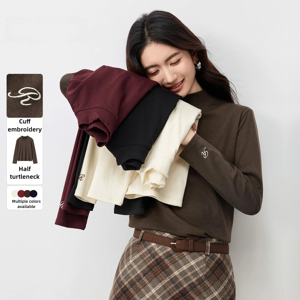 Women’s Knitted Turtleneck Top – Thick Letter Embroidery