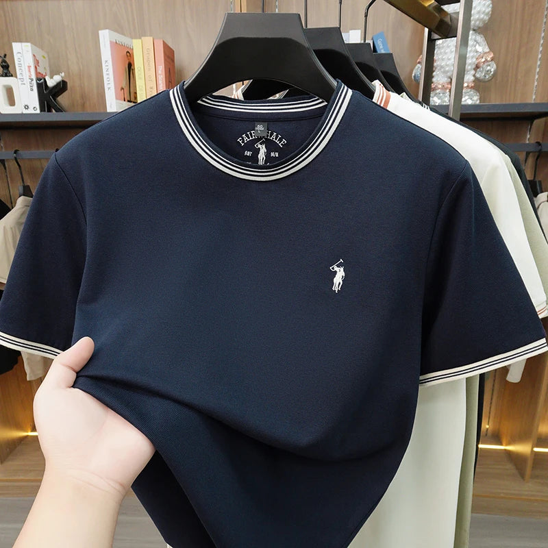 zangqing Color Men’s Embroidered Casual T-Shirt Round Neck Loose Fit