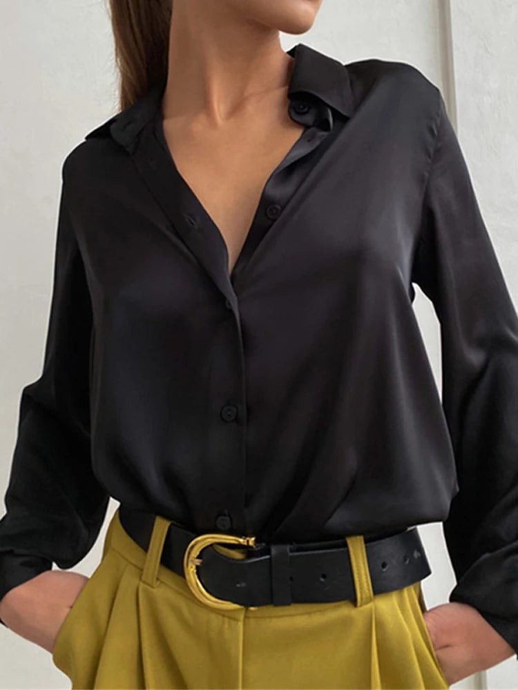 Women’s Satin Button-Up Blouse For Office Or Casual