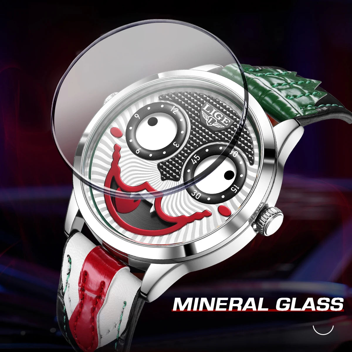 Men’s Quartz Watch With Clown Dial Leather Strap