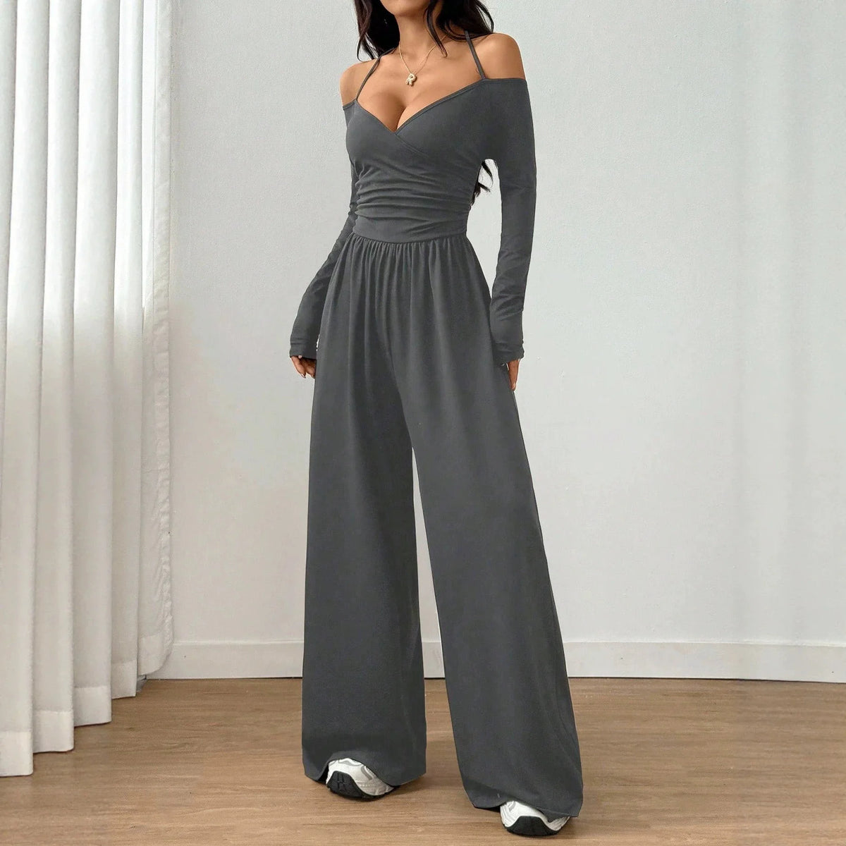 Women’s Off Shoulder Wide Leg Jumpsuit With Lace-Up
