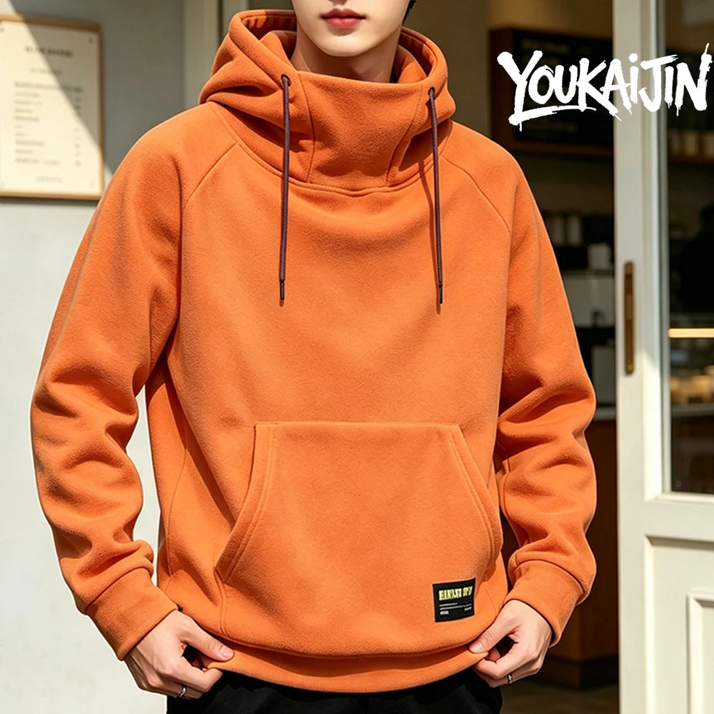 orange Color Men's Fleece Hoodie Sweatshirt Solid Color Pullover