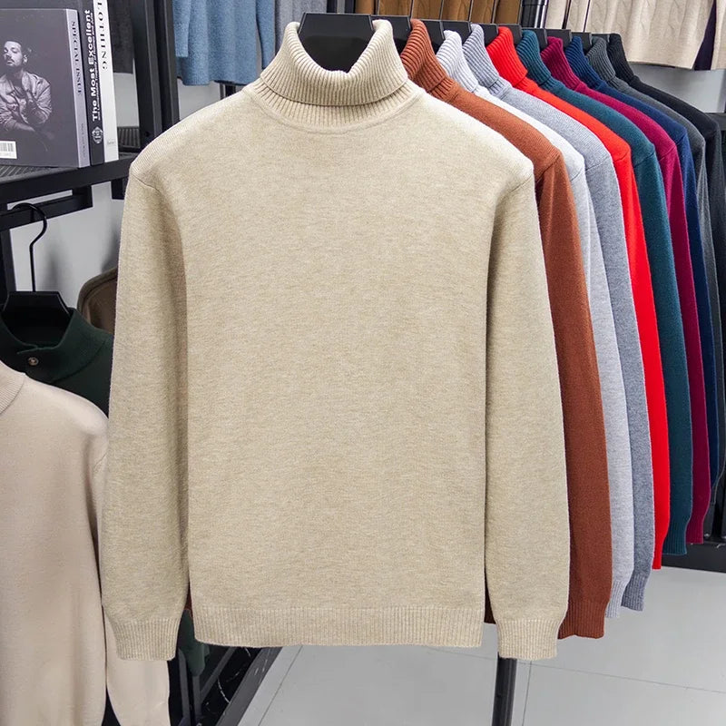 Khaki Color Men’s Knitted Turtleneck Sweater Slim Fit Pullover