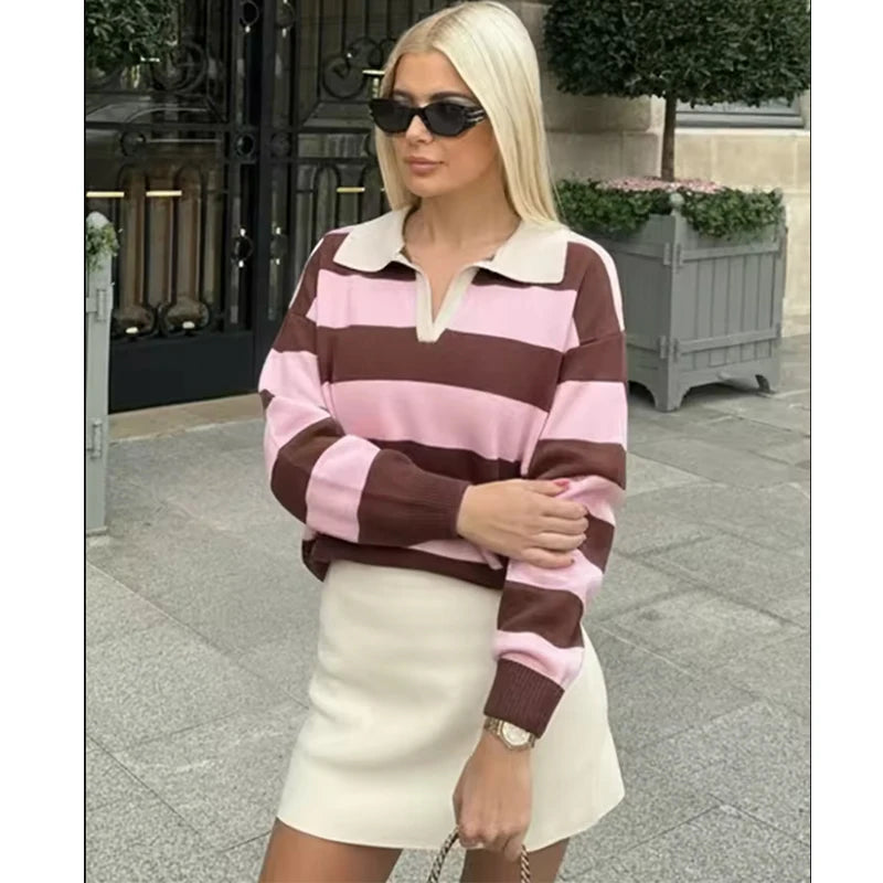 Women’s Striped Knit Polo Sweater – Casual Loose Pullover
