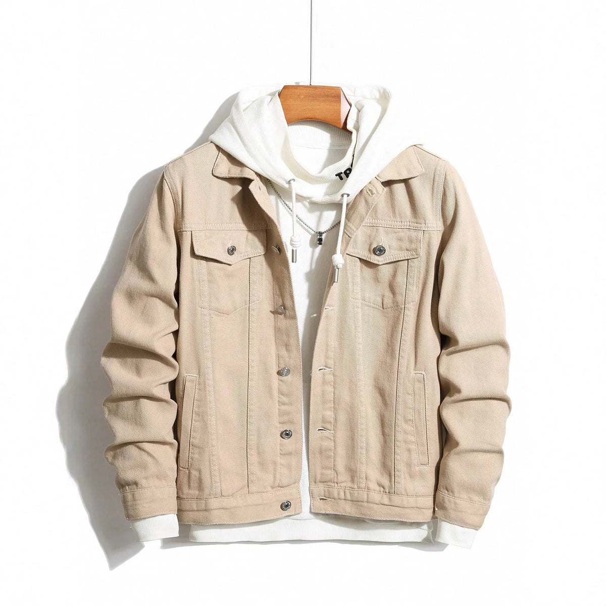 KHAKI Color Men's Casual Denim Jacket Solid Button-Up Street Style