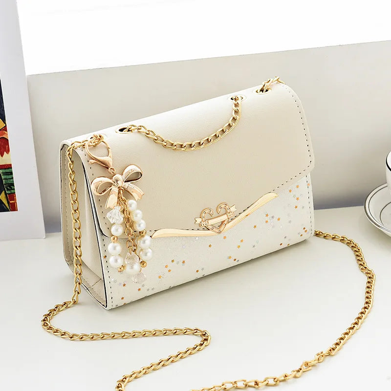 Women’s Sequin Box Shoulder Bag With Bow Chain Detail