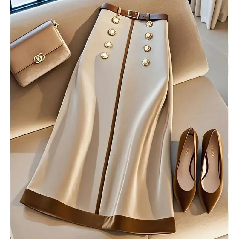 Elegant Patchwork A-Line Midi Skirt with Belt