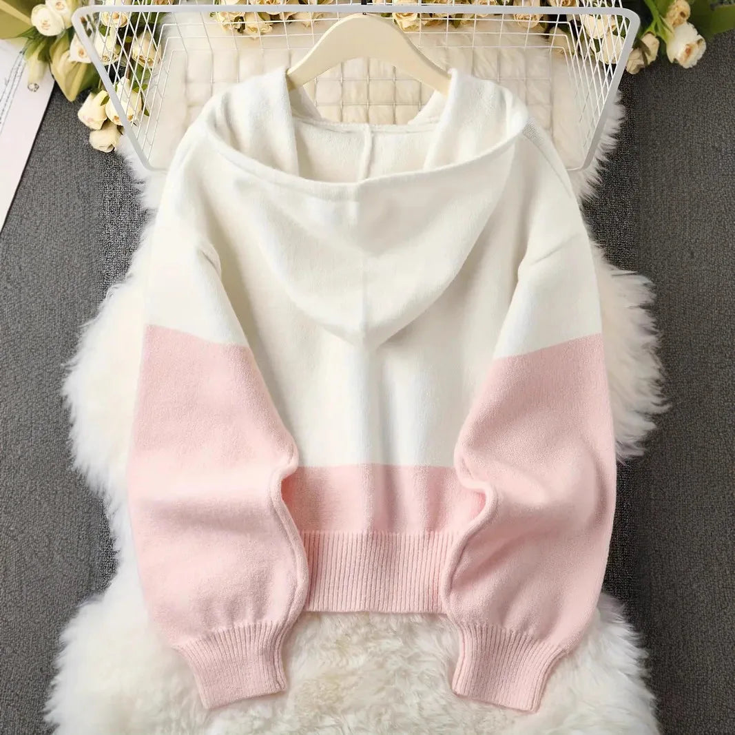 Women’s Hooded Knit Cardigan – Patchwork, Button Front