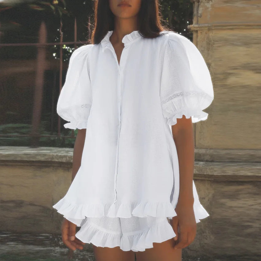 Women’s Ruffle Hem Cardigan And Shorts Casual Set