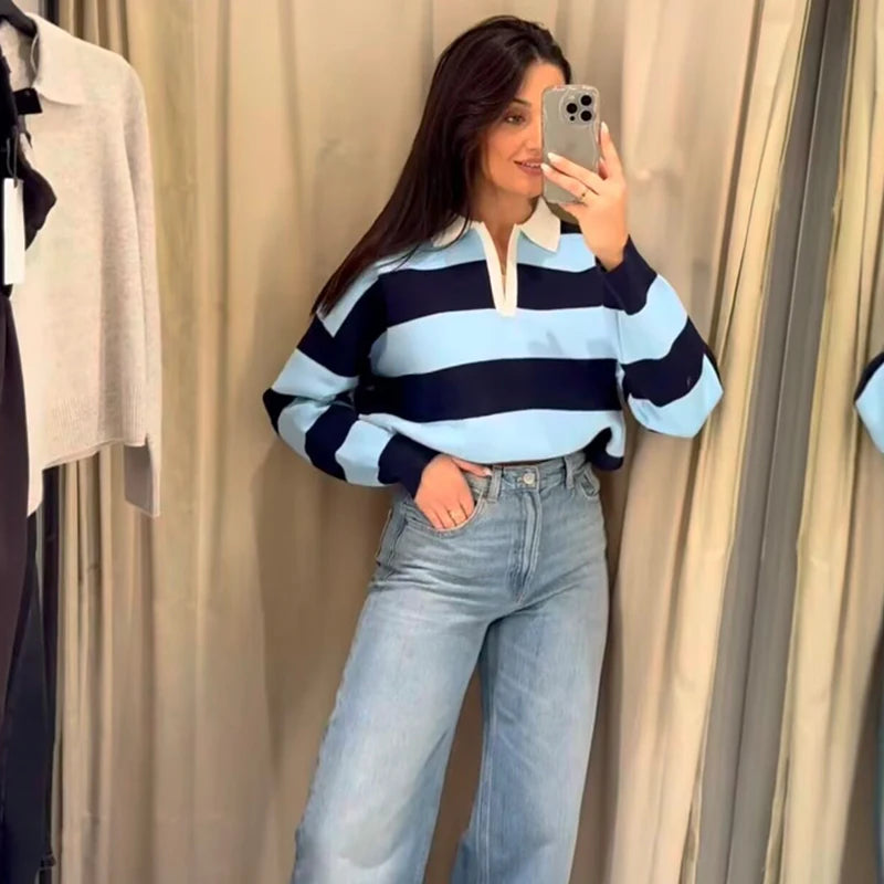 Women’s Striped Knit Polo Sweater – Casual Loose Pullover