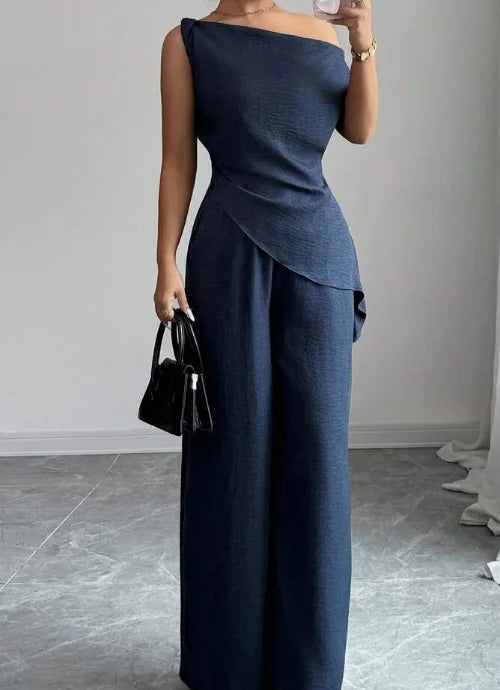 Navy Color One Shoulder Wide Leg Jumpsuit Set For Women