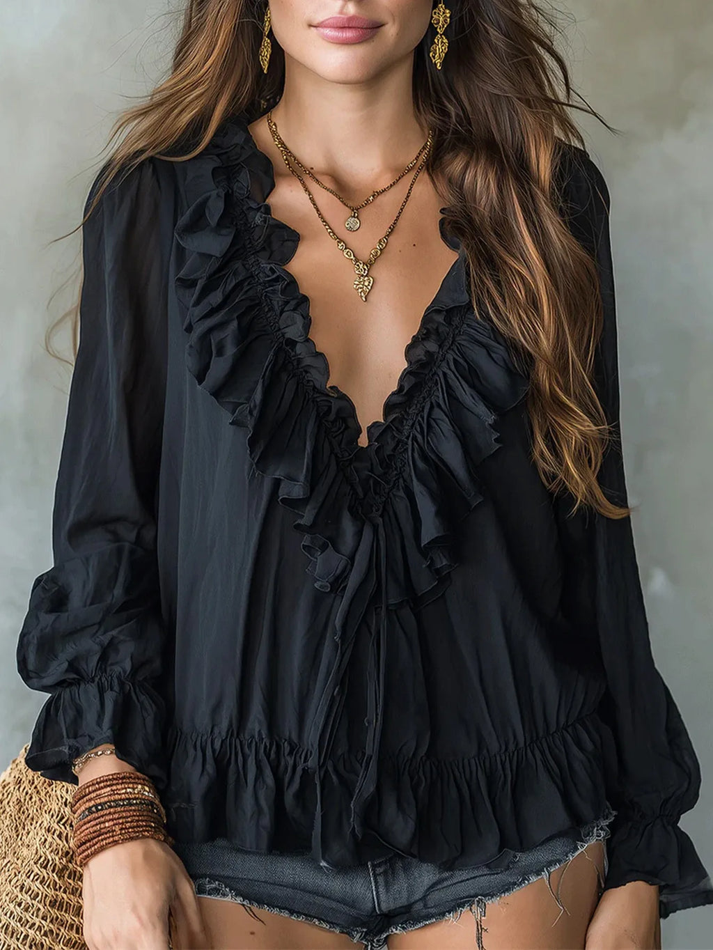 Black Color Women’s Chiffon V-Neck Long Sleeve Loose Blouse