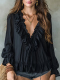 Black Color Women’s Chiffon V-Neck Long Sleeve Loose Blouse