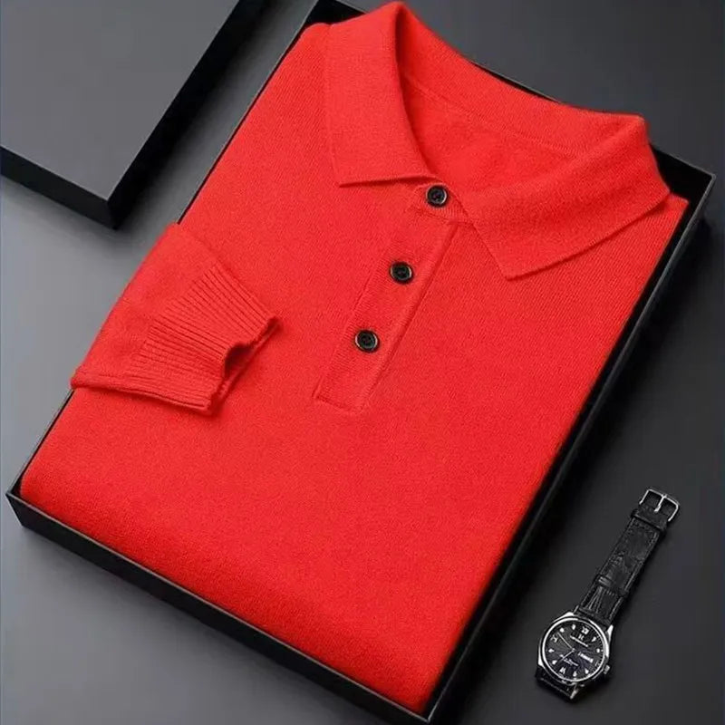 Red Color Men's Wool Knit Polo Sweater – Warm Autumn Winter Top
