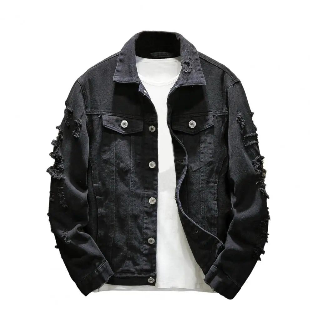 Men’s Ripped Denim Jacket Solid Color Streetwear Coat