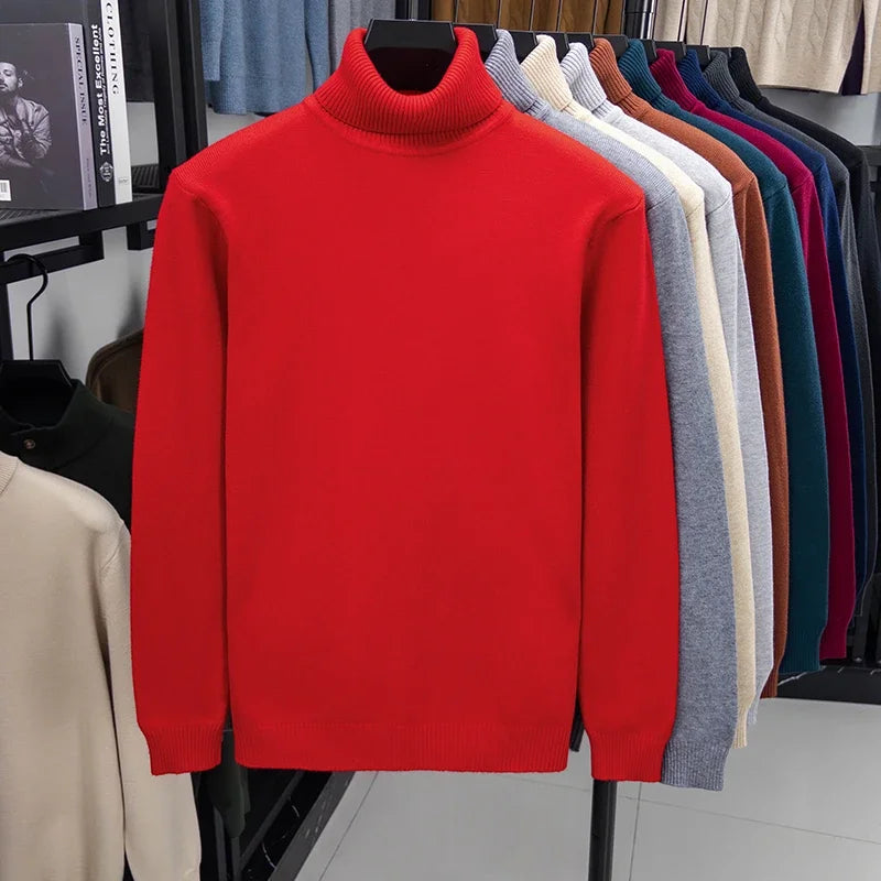 Big red Color Men’s Knitted Turtleneck Sweater Slim Fit Pullover