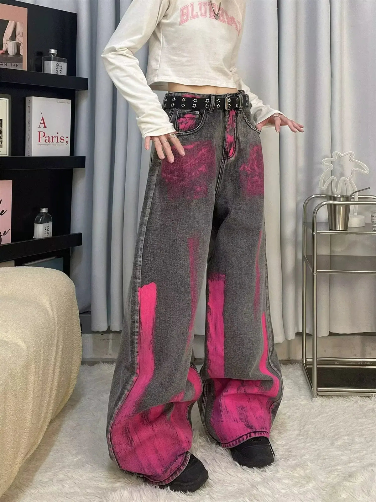 Women’s Graffiti Patchwork Wide Leg High Street Jeans