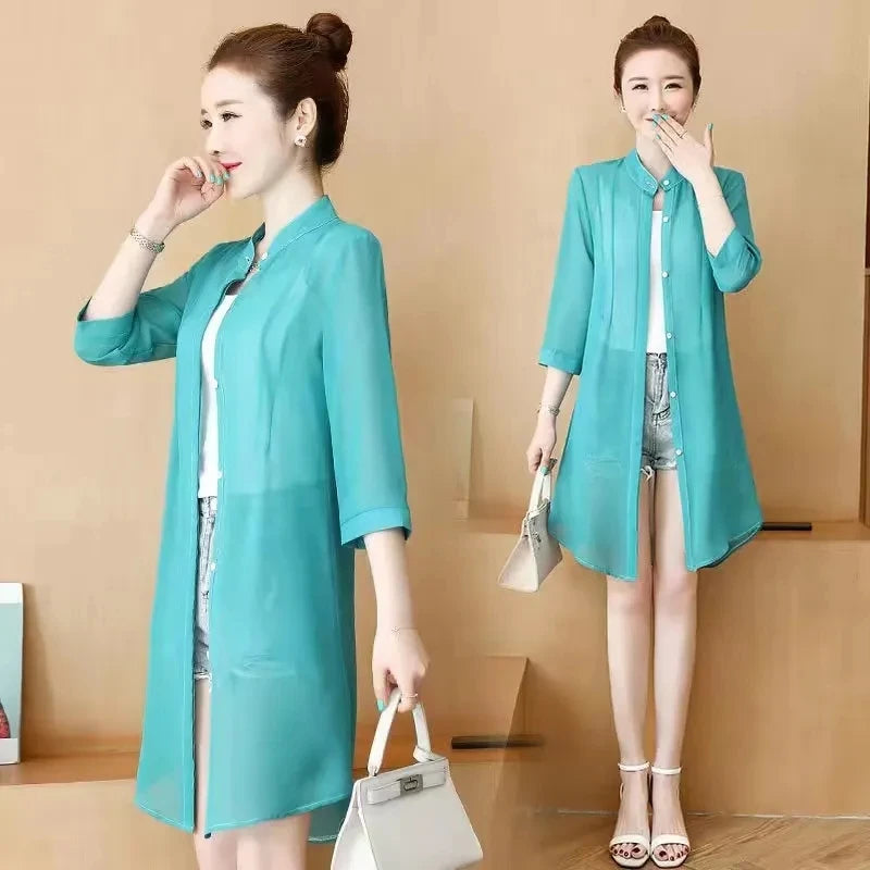 turquoise Color Women’s Chiffon Sun Protection Cardigan Jacket
