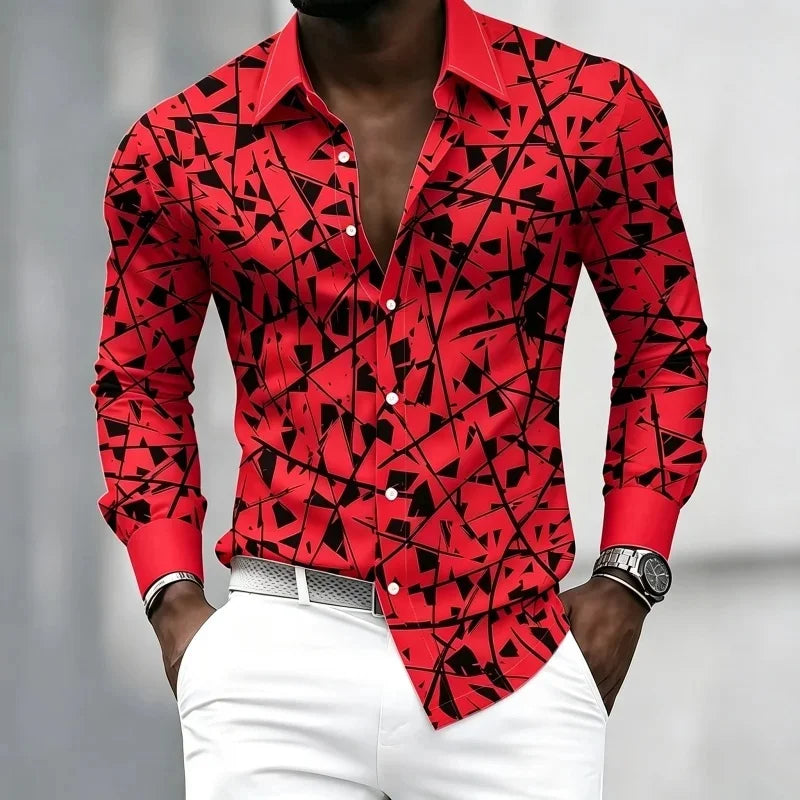 Men's Geometric Print Lapel Shirt Casual Long Sleeve