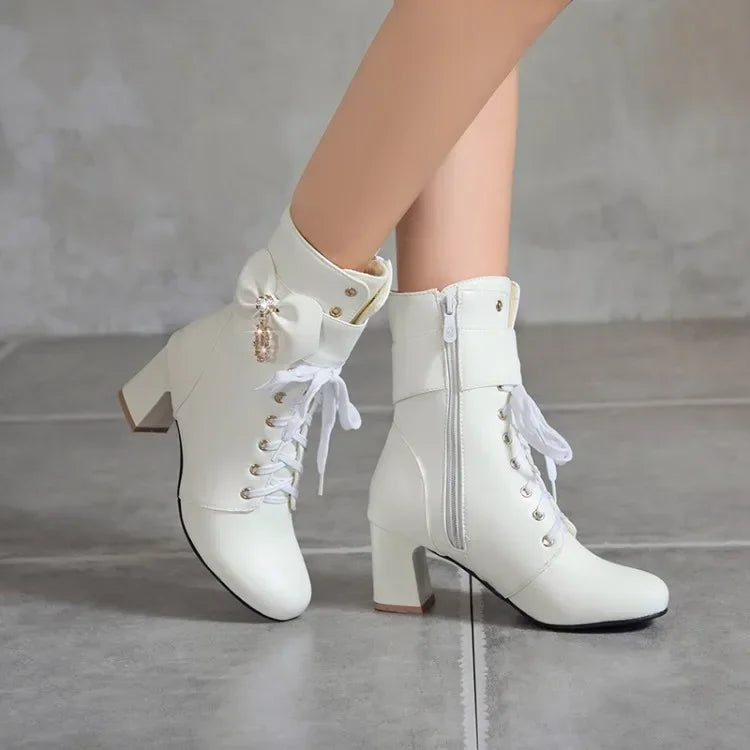 WHITE Color Women’s Round-Toe High Heel Ankle Boots With Bow