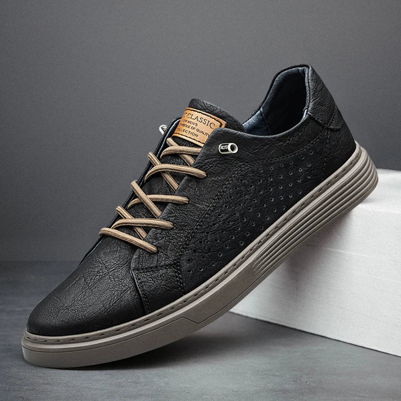 Black-breathable Color Men’s Genuine Leather Oxford Sneakers – Casual Lace-Up