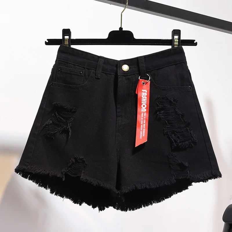 Women’s High Waist Denim Shorts With Tassel Hem