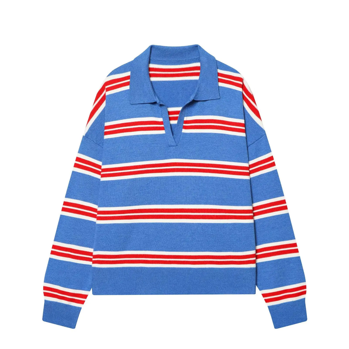 Blue Color Women’s Striped Knit Polo Sweater – Casual Loose Pullover