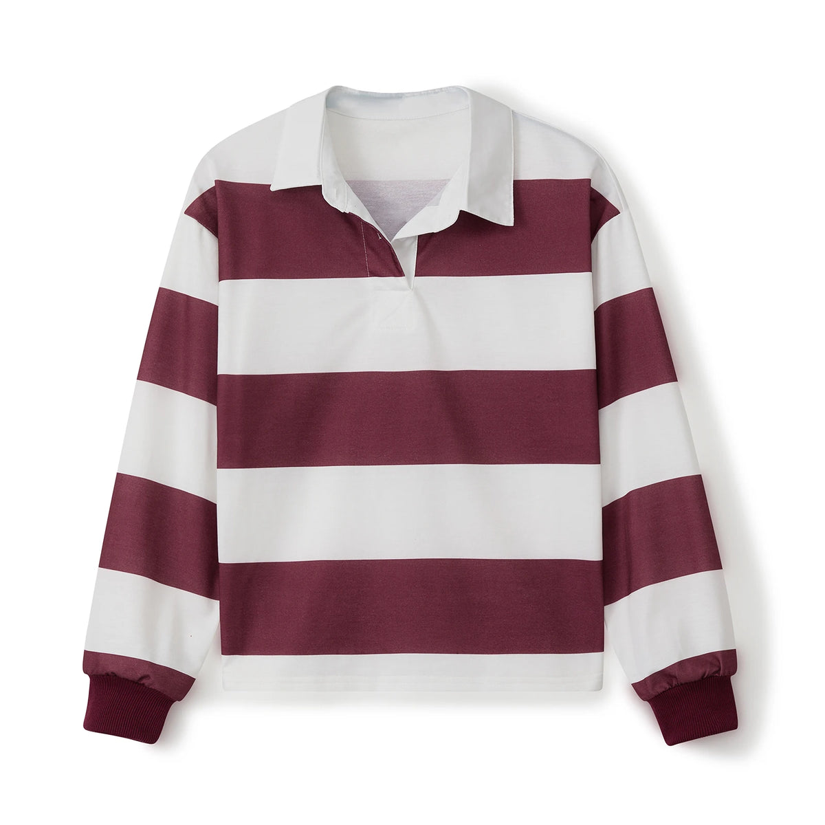 Claret Color Women’s Striped Turn-Down Collar Long Sleeve Tee