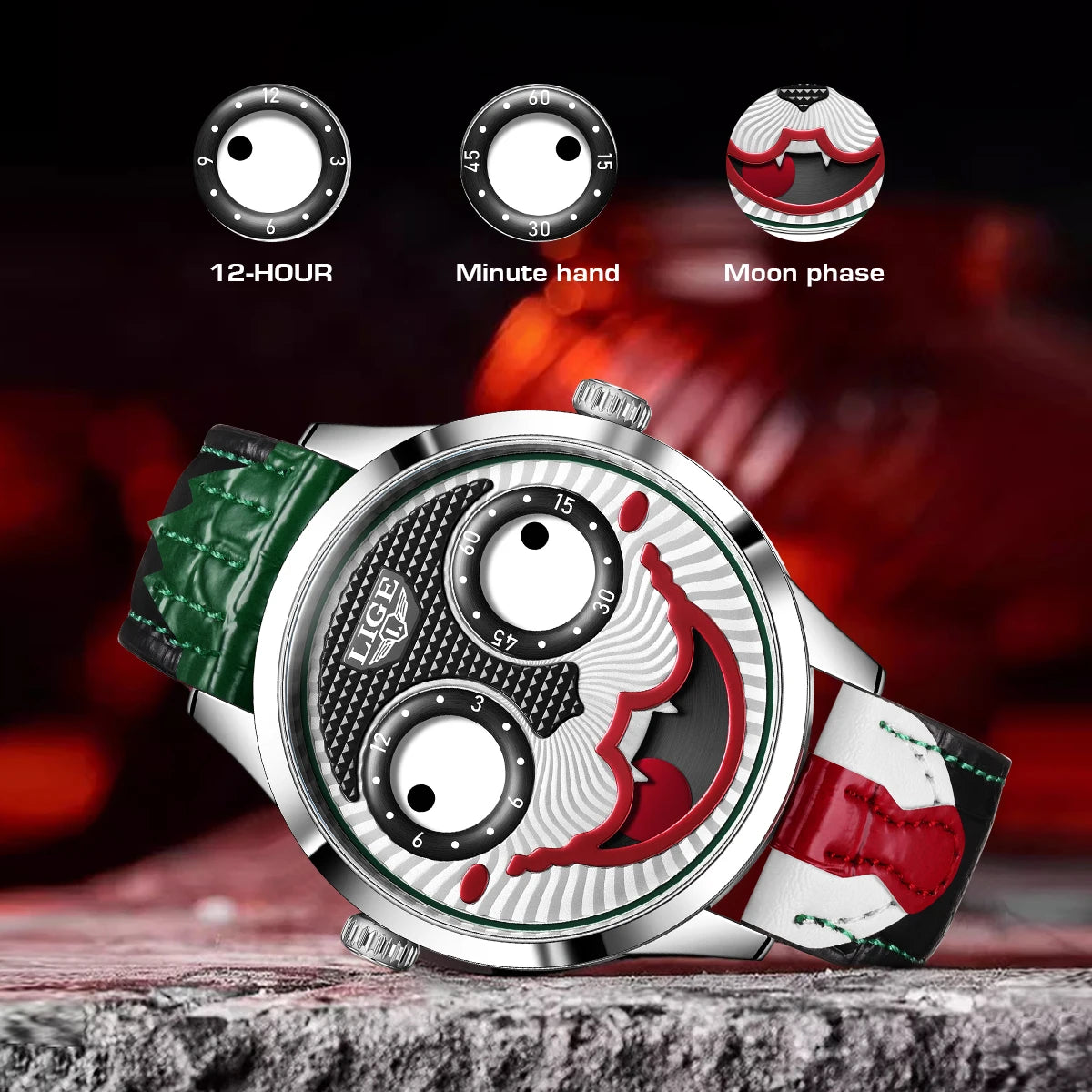 Men’s Quartz Watch With Clown Dial Leather Strap