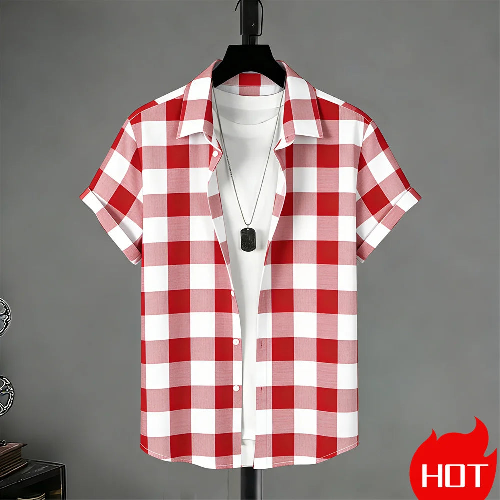 Red Color Men’s Summer Hawaiian Shirt With Stripe Print