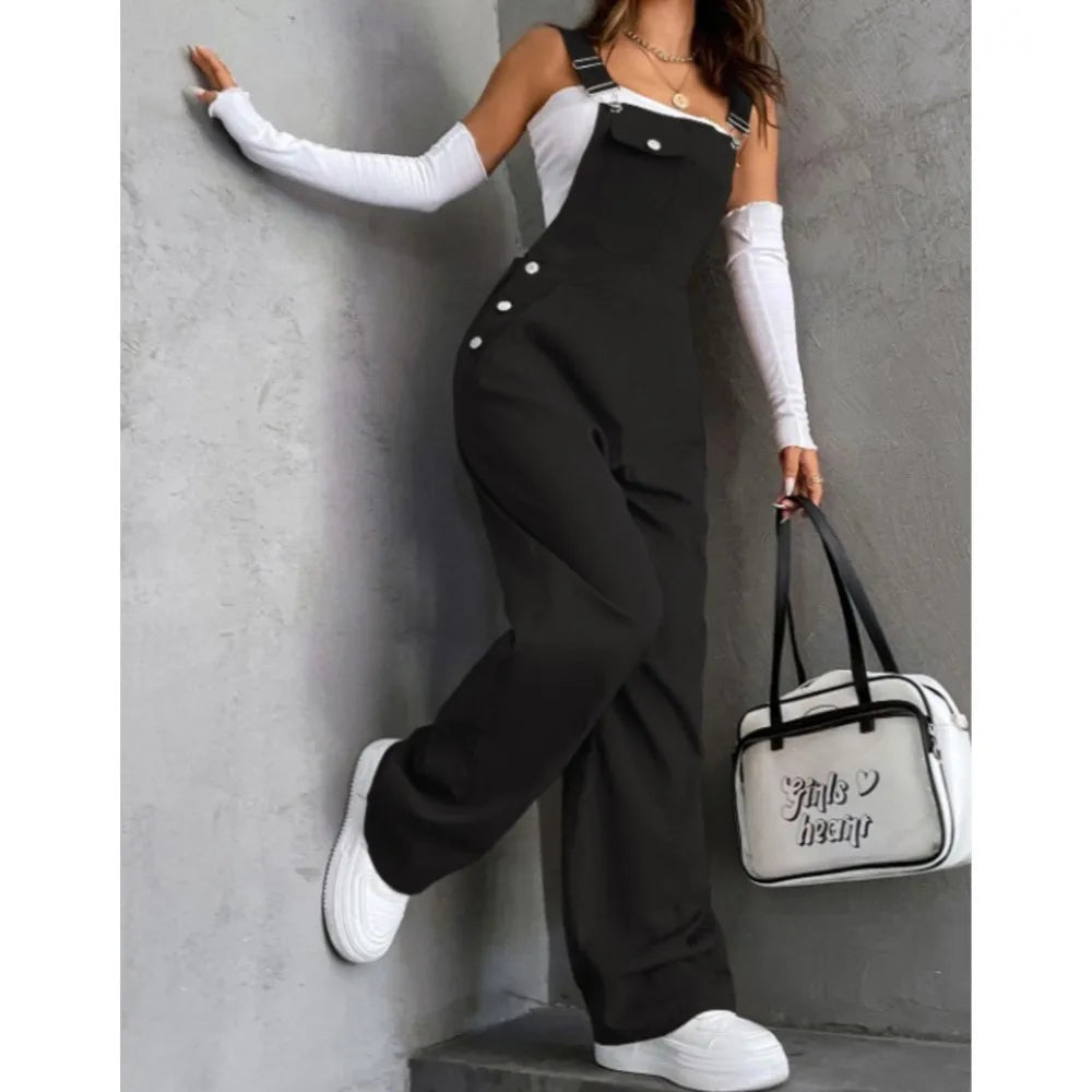 Women’s Loose Wide Leg Bib Overalls With Pockets