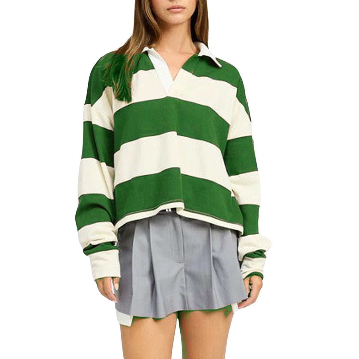 green Color Women’s Striped Cropped Pullover Long Sleeve Top