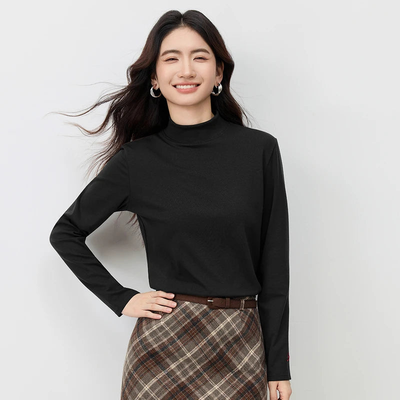 Black T-Shirts Color Women’s Thermal Knit Turtleneck Top With Letter Embroidery