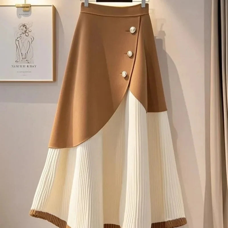 High Waist Knitted A-Line Midi Skirt With Buttons