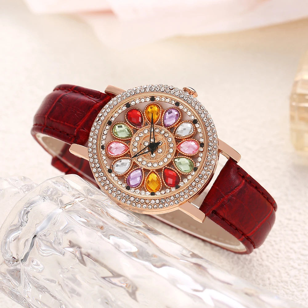 red Color Women’s Quartz Dress Watch With Rhinestone Rotating Dial