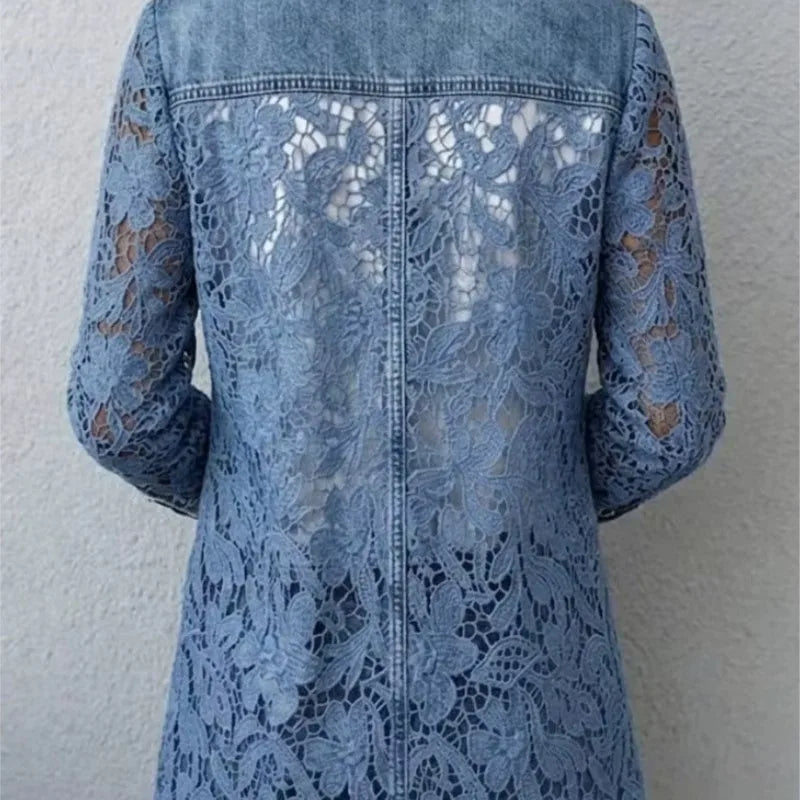 Women’s Lace Spliced Denim Blazer Jacket With Hollow Floral