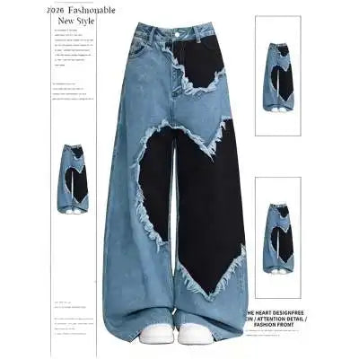 Y2K Patchwork Wide Leg Jeans For Women – Streetwear Denim