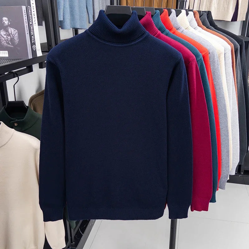 Navy Blue Color Men’s Knitted Turtleneck Sweater Slim Fit Pullover