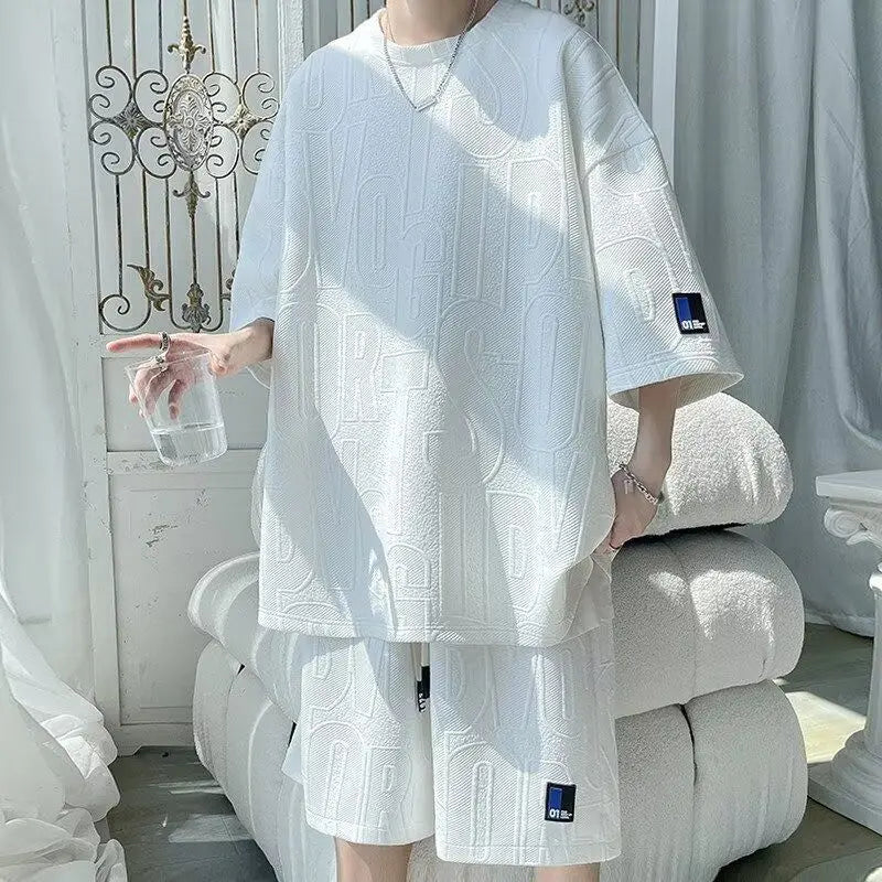Men's Waffle Knit Summer Tracksuit T-Shirt And Shorts