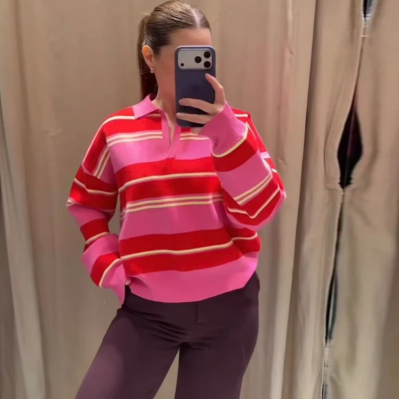 Women’s Striped Knit Polo Sweater – Casual Loose Pullover