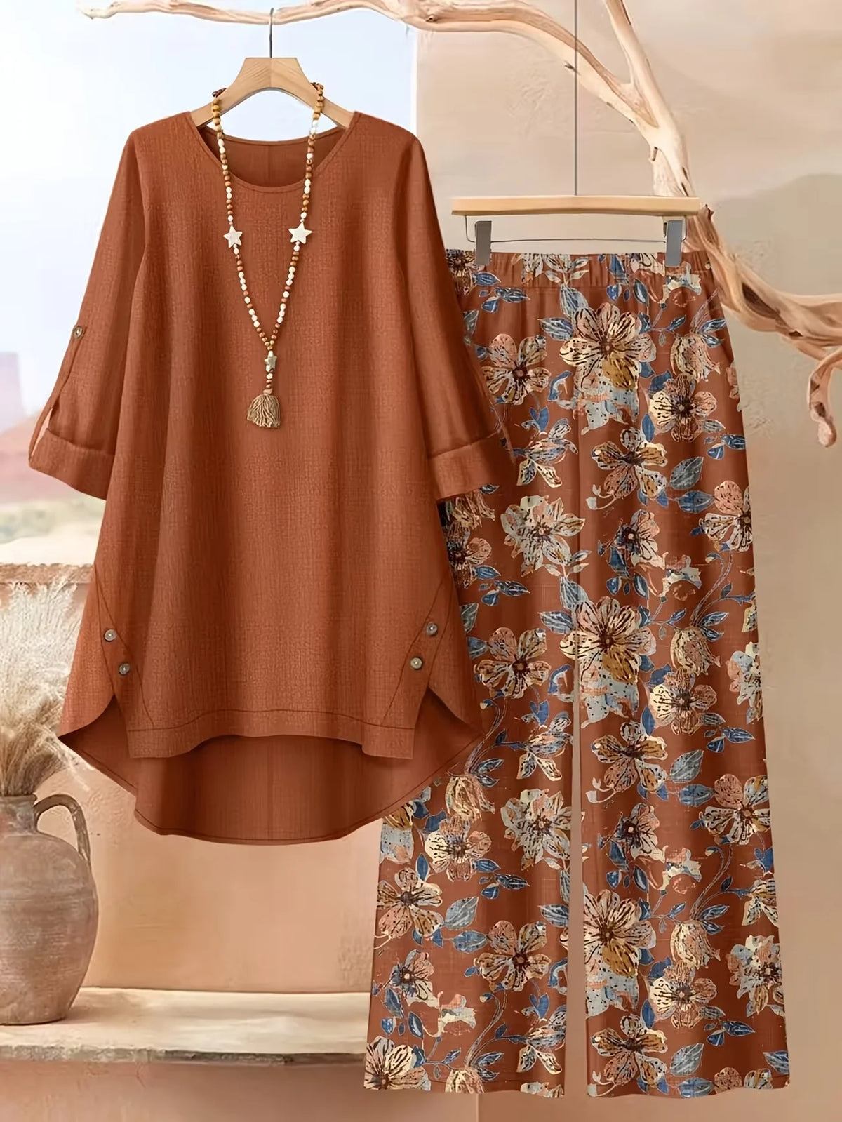 HJ400cheng Color Plus Size Women’s Two Piece Set With Floral Wide Leg Pants