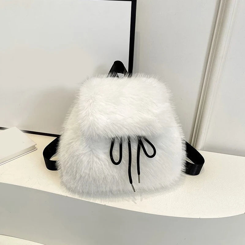 white Color Women’s Plush Faux Fur Backpack With Softback Design