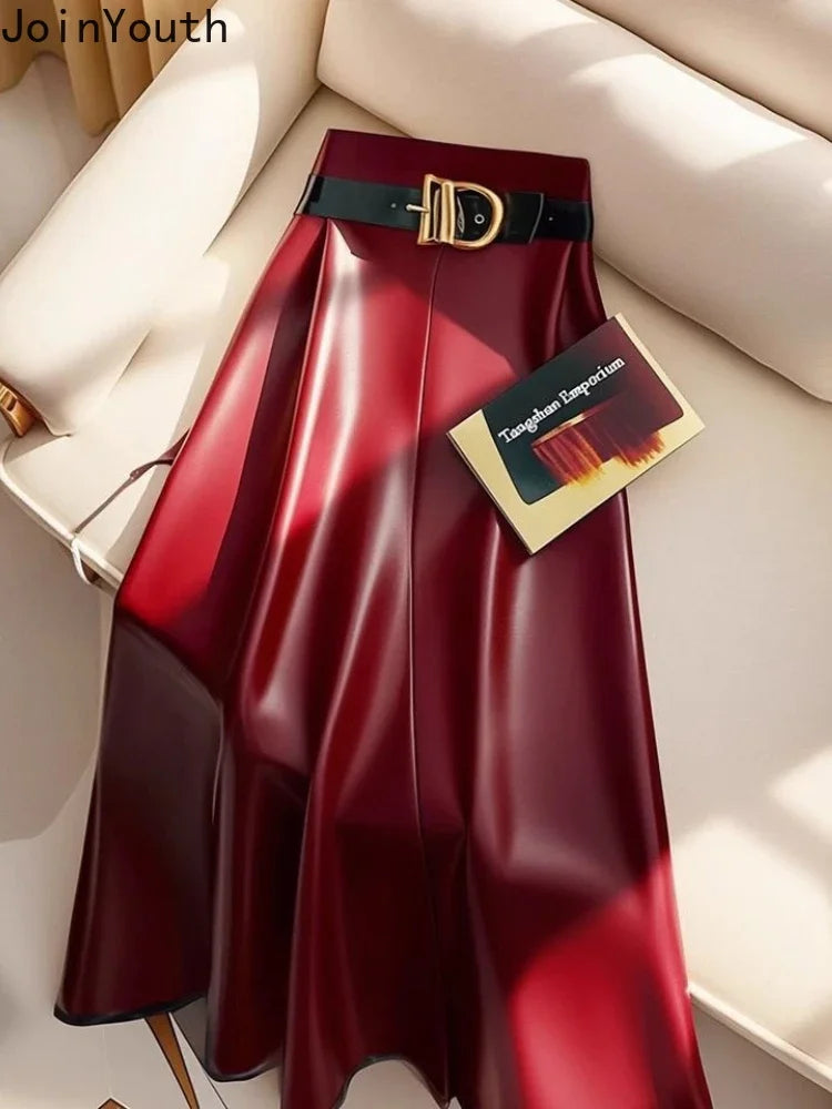 High Waist PU A-Line Midi Skirt for Women