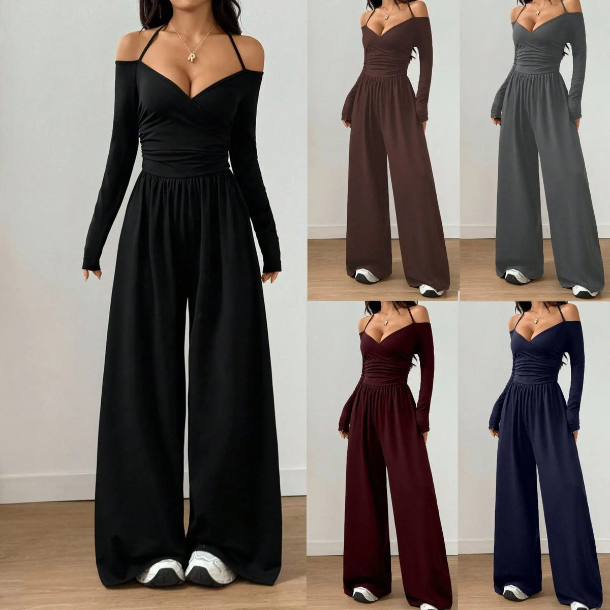 Women’s Off Shoulder Wide Leg Jumpsuit With Lace-Up