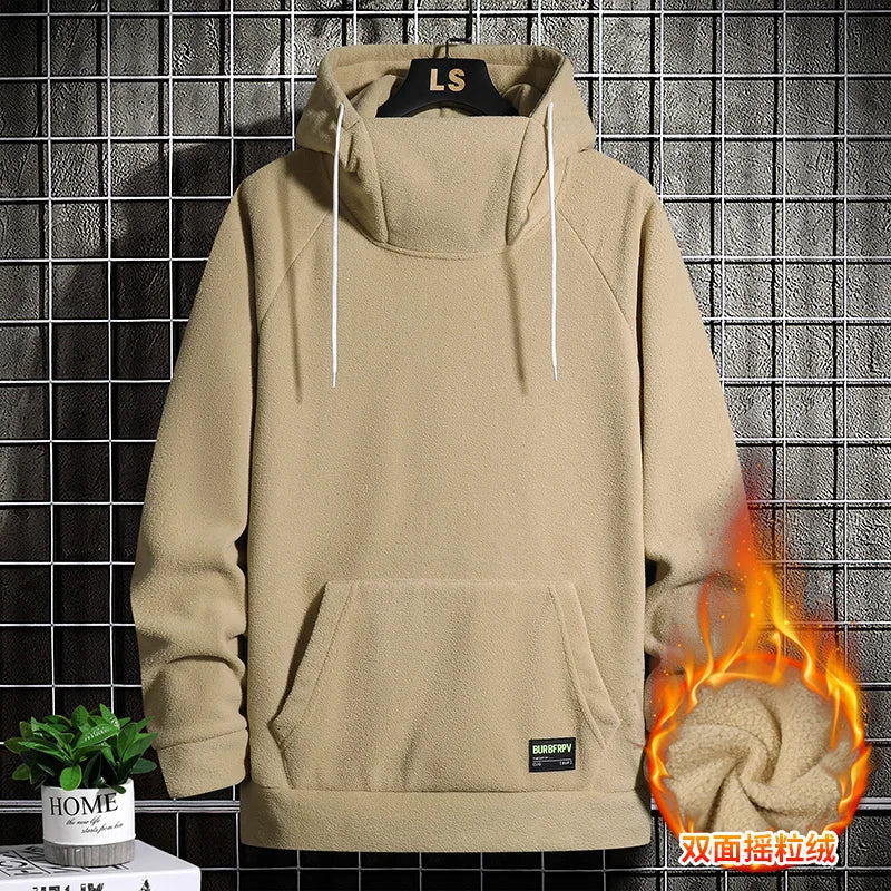 khaki Color Men's Fleece Hoodie Sweatshirt Solid Color Pullover